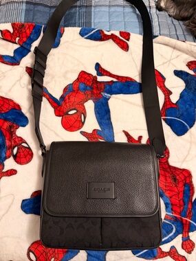 Coach Black Men's Pebbled Leather & Signature Canvas Messenger